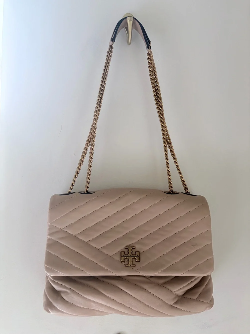 Tory Burch Kira Chevron Convertible Shoulder Bag in Blush Pink with Gold Chain